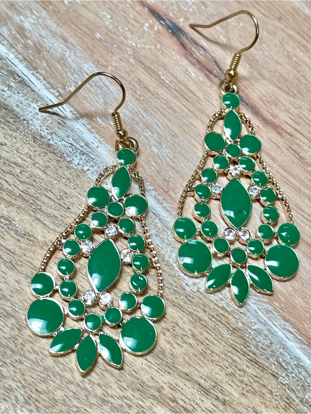 Gold-Tone Green Teardrop Filigree Dangle Earrings